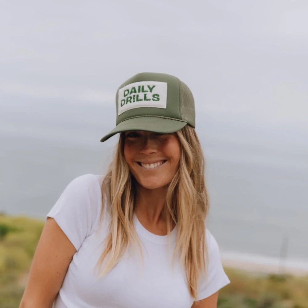 Daily Drills Natural Straw Bucket Hat with Green Logo Patch Daily Drills Patch Trucker Hat in Coco And Lake Day | REVOLVE main image 2